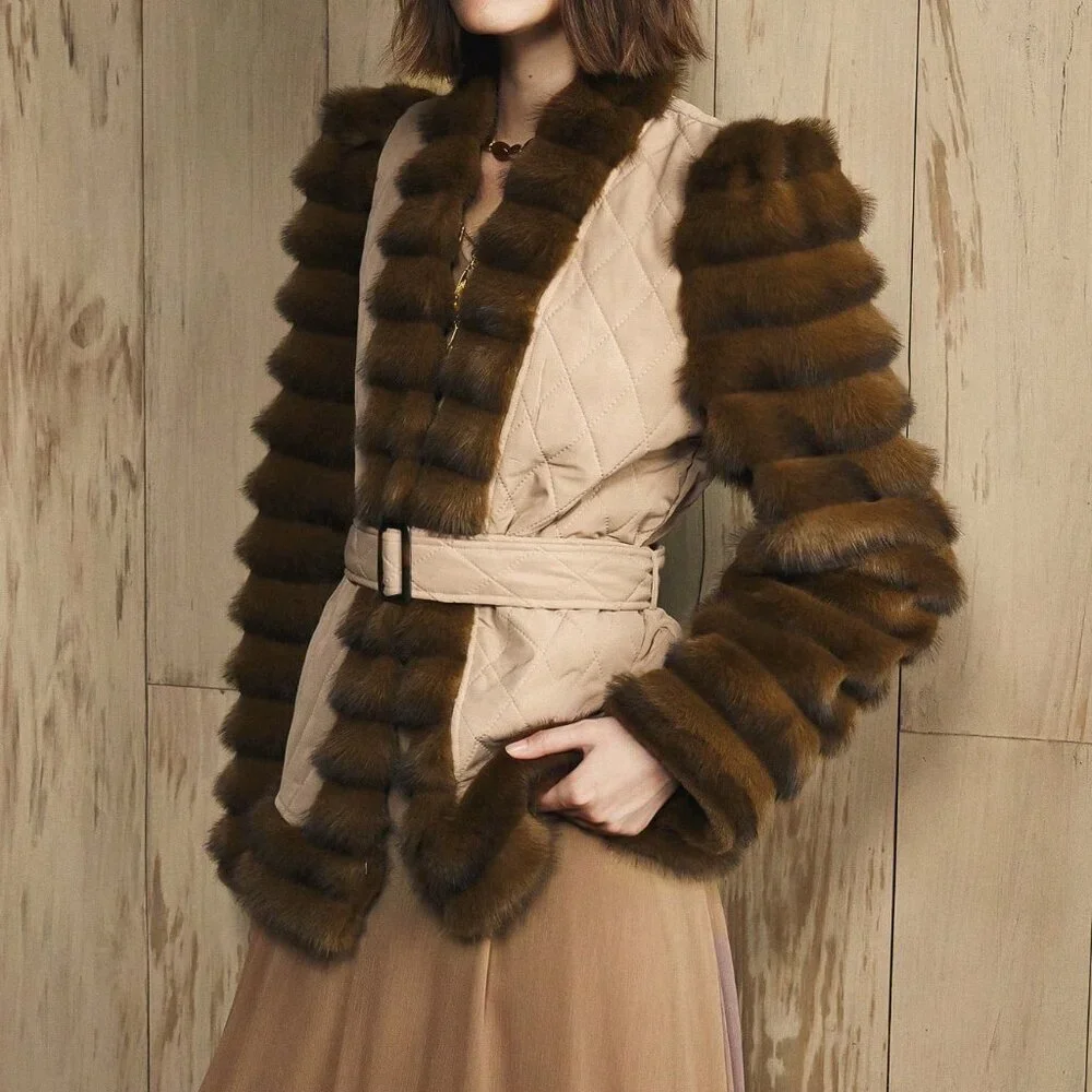 Khaki Casual Women's Quilted Fluffy Coat with Fake Fur - Picture 4 of 9